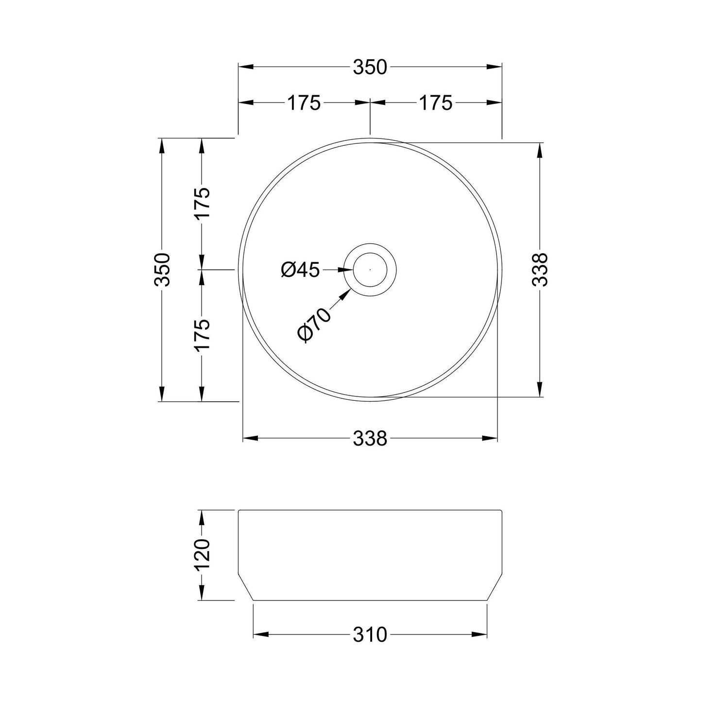 [BCCT162] Contemporary 350mm Round Countertop Basin - Gloss White Ceramic Vessel Without Overflow - Technical Drawing