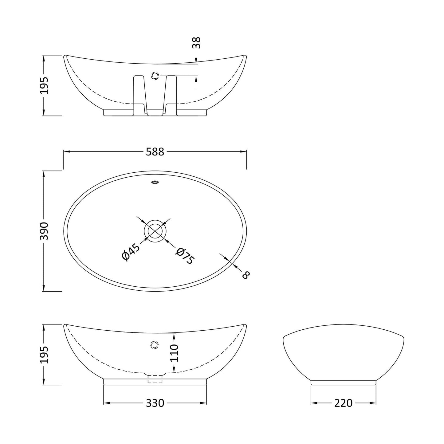 [BCCT166] Balterley Modern Bathroom Countertop Vessel Basin, Round, Contemporary Style, White, 588 x 390 x 195 mm - Technical Drawing