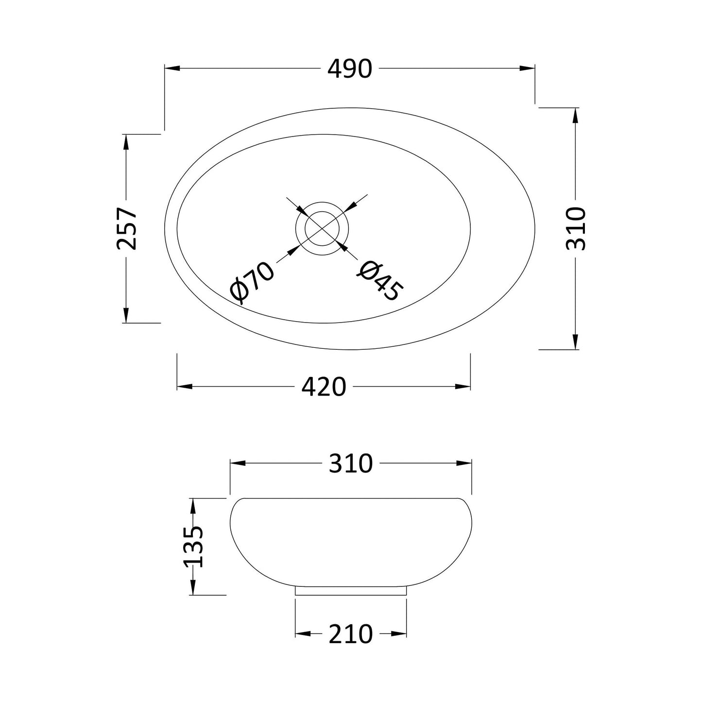[BCCT168] Balterley Oval Bathroom Countertop Basin, White, Contemporary Style, Sleek Rounded Design, 490 mm - Technical Drawing