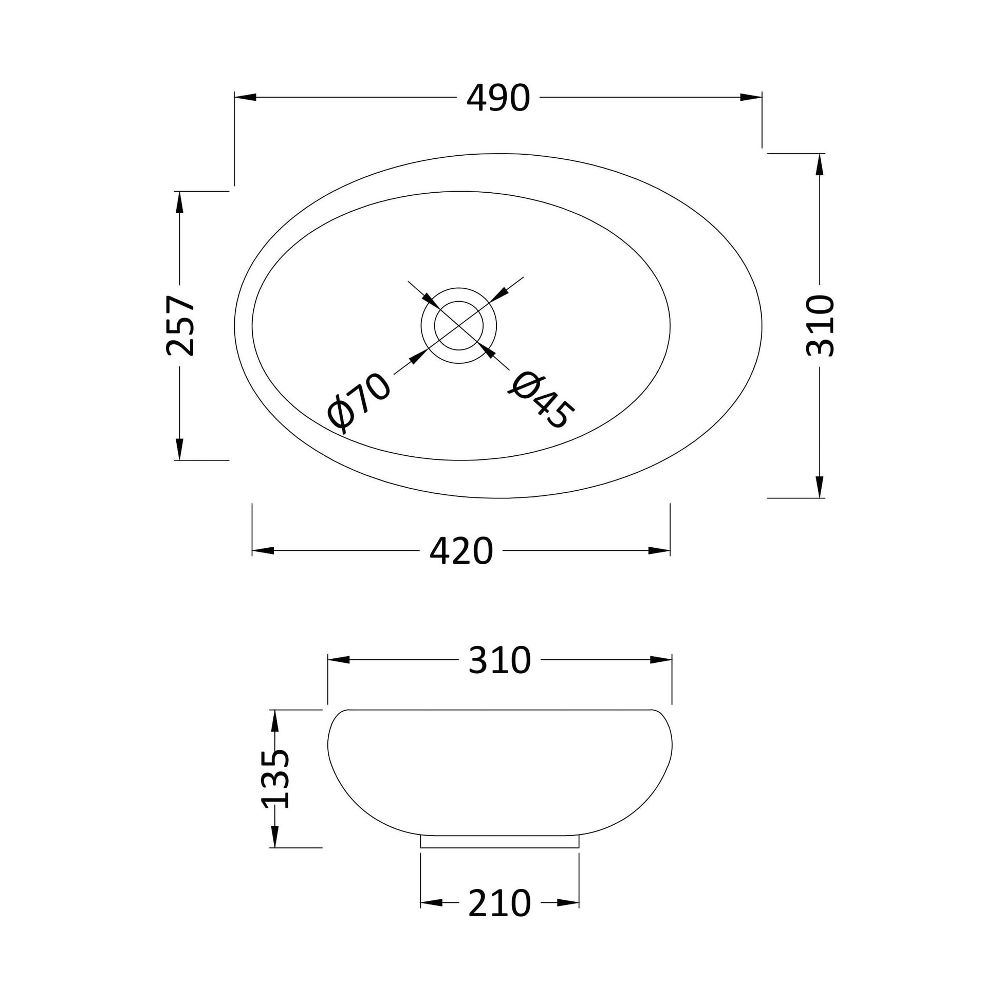 [BCCT168] Balterley Oval Bathroom Countertop Basin, White, Contemporary Style, Sleek Rounded Design, 490 mm - Technical Drawing