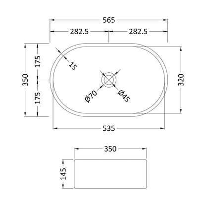 [BCCT169] Contemporary Oval Countertop Basin - Gloss White Ceramic Vessel Without Overflow - Technical Drawing