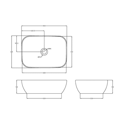 [BCCT258] Balterley Nova Contemporary Square Bathroom Countertop Basin, Soft Square Design, Matt White, 455 mm - Technical Drawing