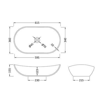 [BCCT259] Balterley Nova Contemporary Round Bathroom Countertop Basin, Sleek Round Design, Matt White, 615 mm - Technical Drawing