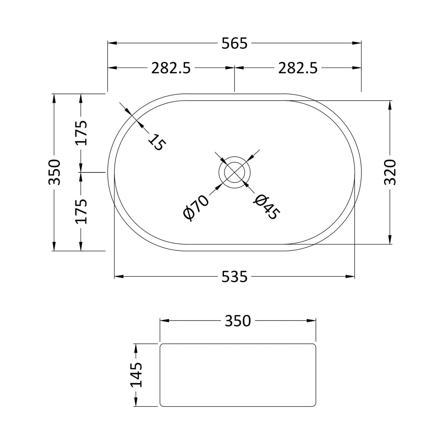 [BCCT269] Balterley Nova Oval Countertop Vessel Basin for Modern Bathroom Vanity, Vitreous China, Matt White Finish, 565 mm - Technical Drawing
