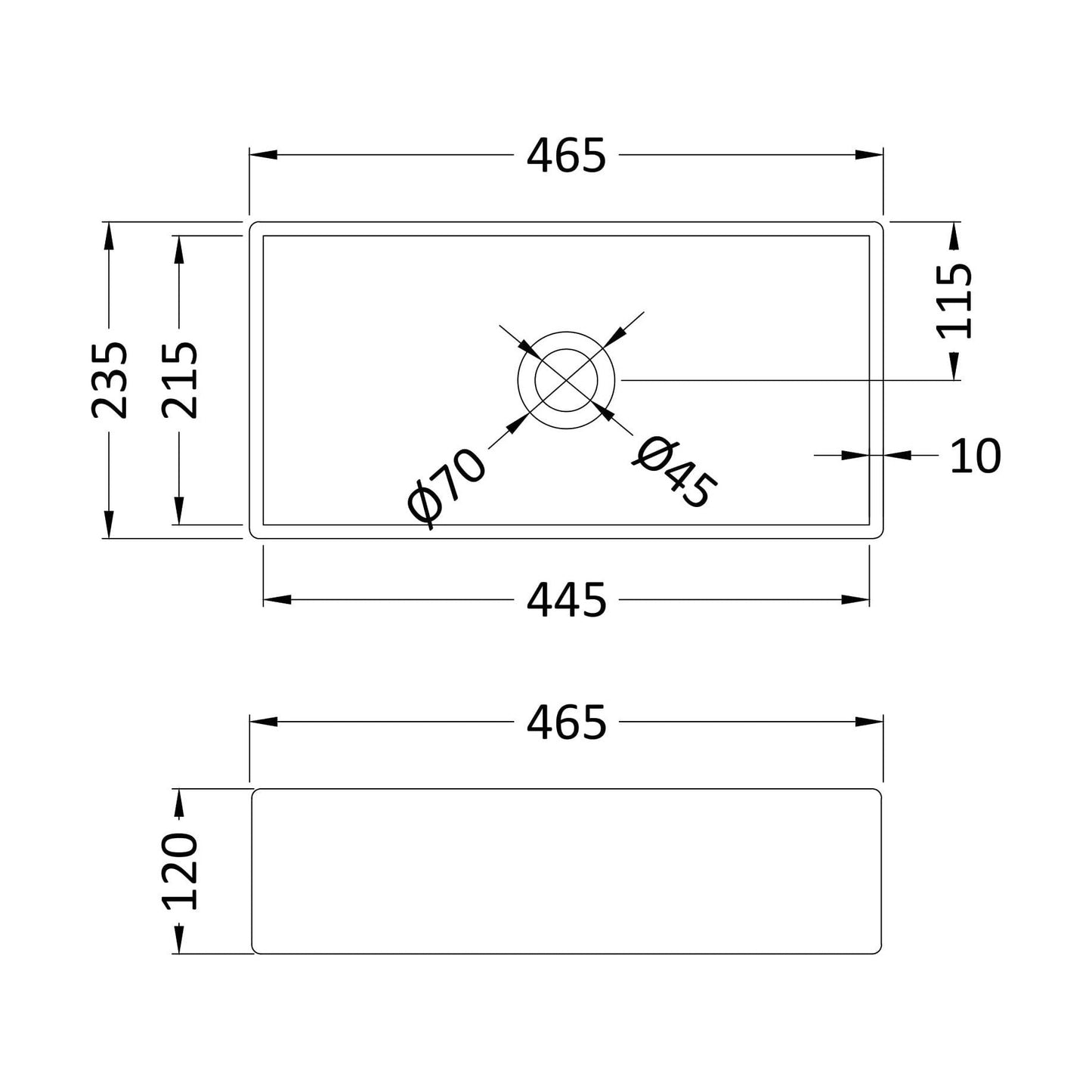 [BCCT280] Balterley Nova Rectangular Countertop Vessel Basin for Modern Bathroom Vanity, Vitreous China, Matt White, 465 mm - Technical Drawing