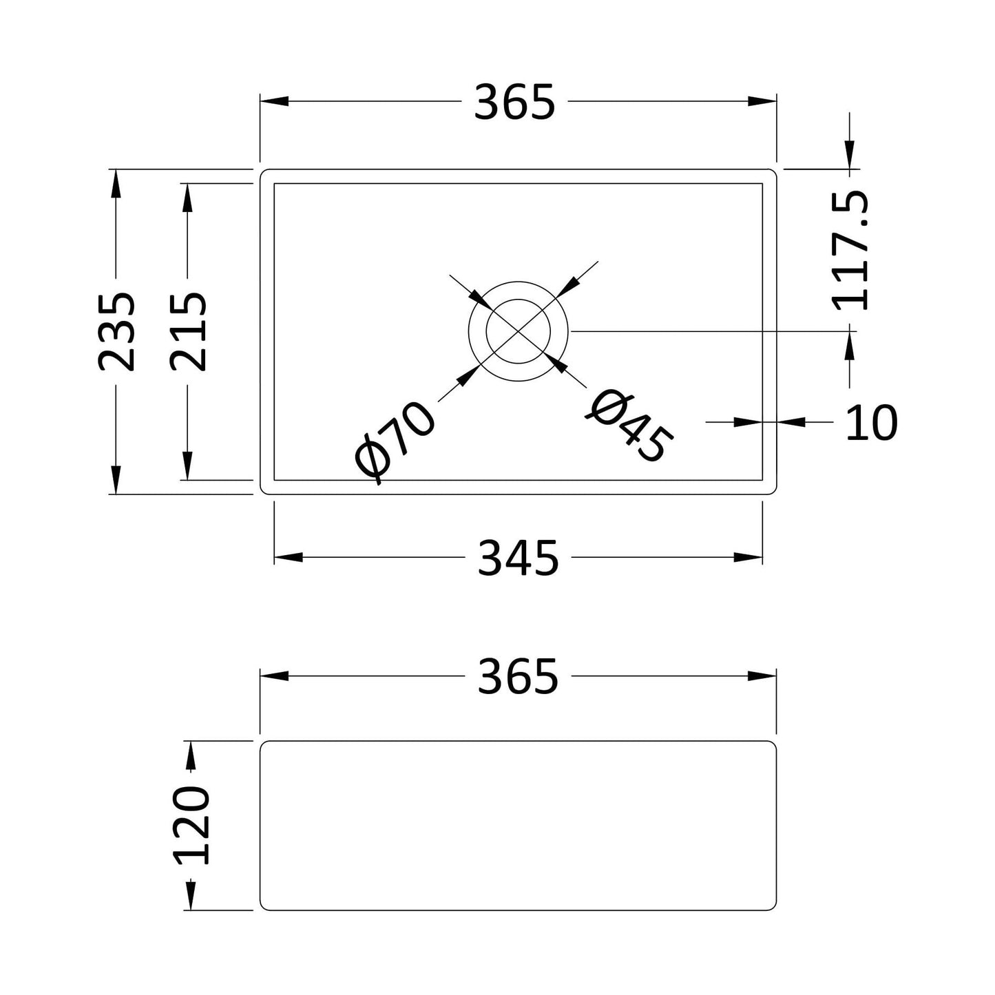 [BCCT379] Balterley Nova Rectangular Countertop Vessel Basin for Bathroom & Cloakroom, Ceramic Fireclay, Matt Grey, 365 x 235 x 120 mm - Technical Drawing