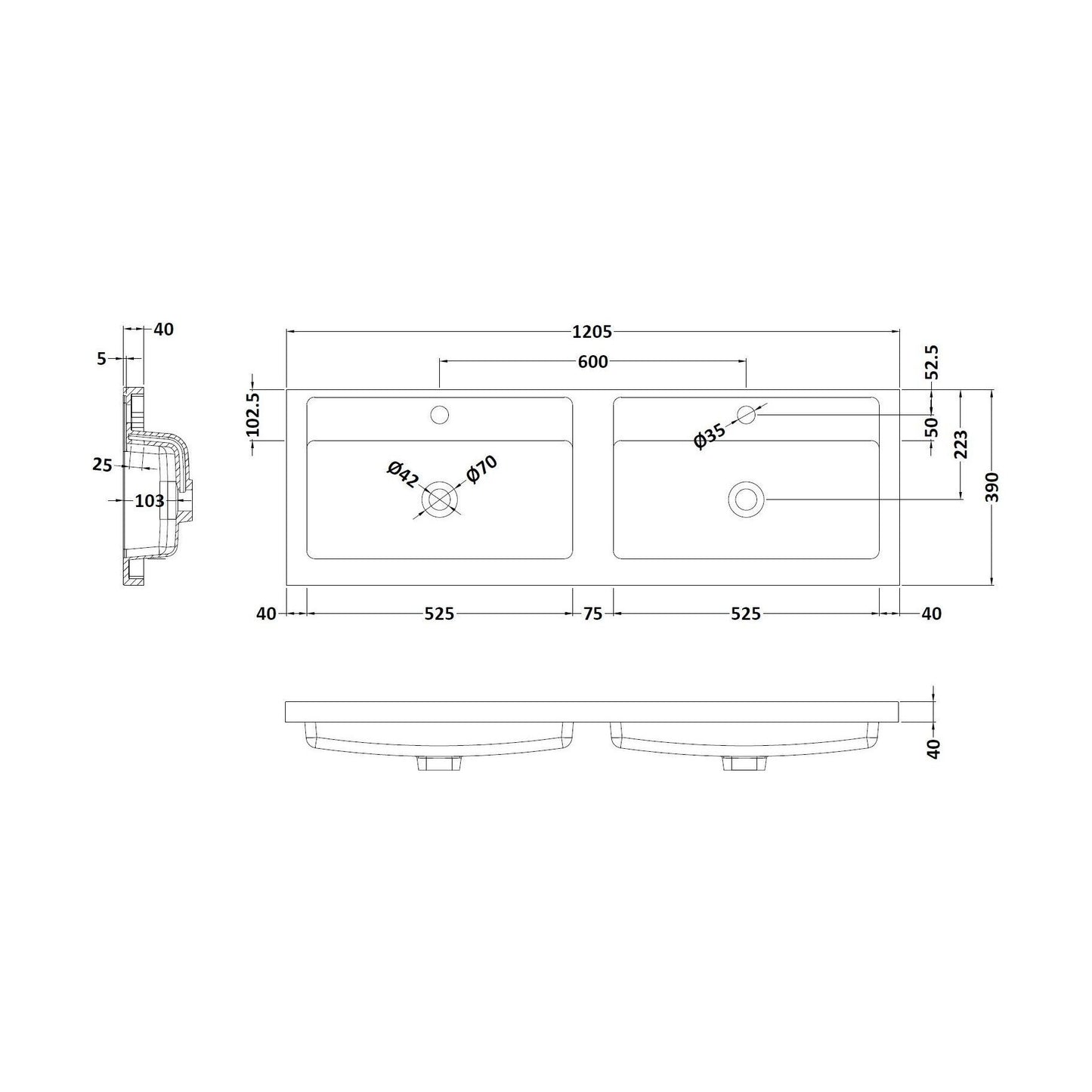 [BCDB424] Double Polymarble Basin 1205 x 390 - Technical Drawing