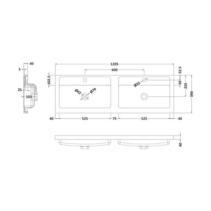[BCDB424] Double Polymarble Basin 1205 x 390 - Technical Drawing