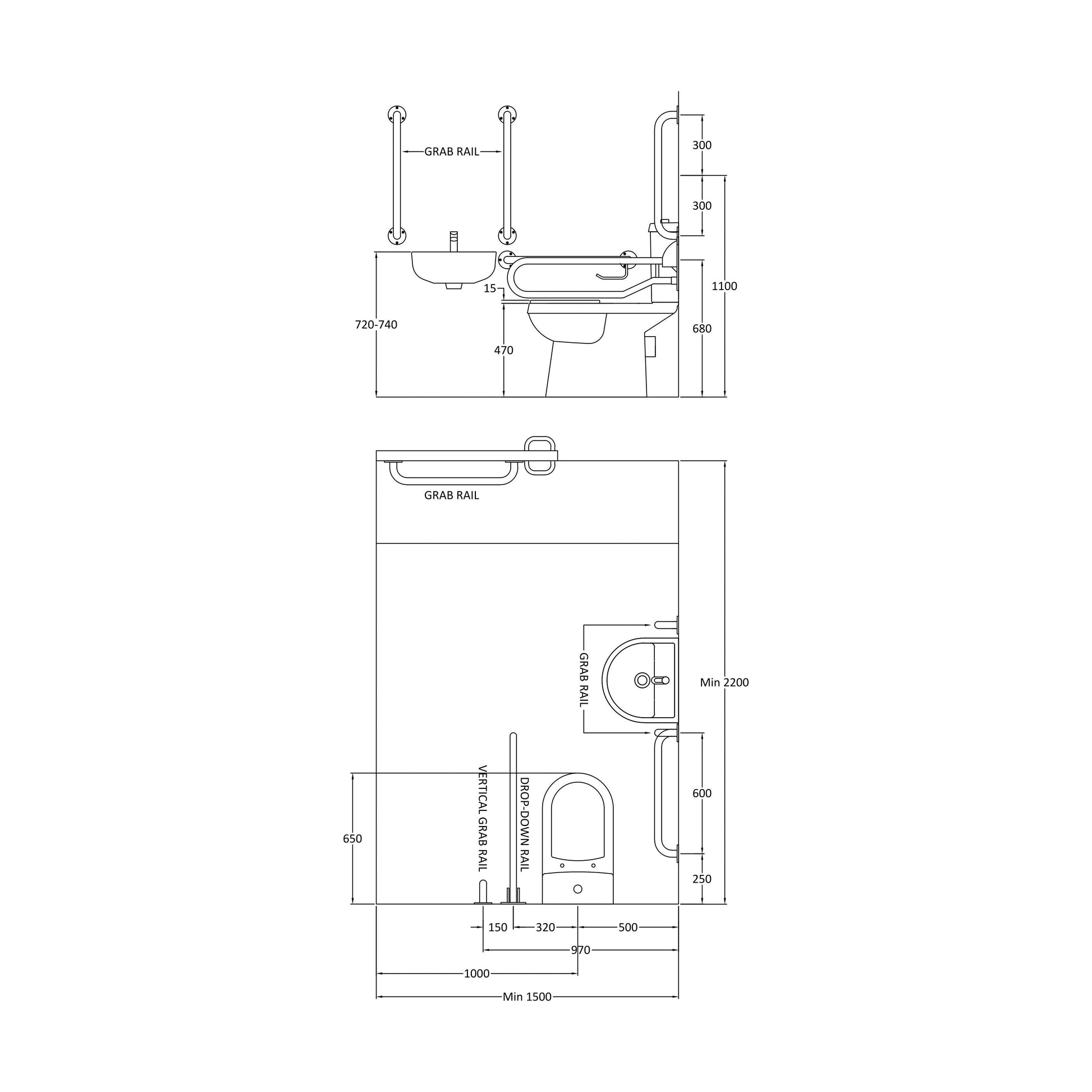 [BCDOC001] Balterley Accessible Pack: Comfort Height Toilet Pan with Cistern, Wall Hung Basin & Accessories - White - Technical Drawing