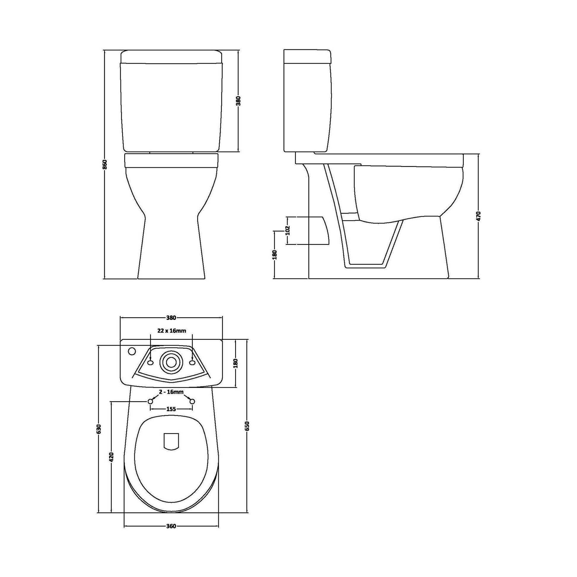 [BCDOC100] White Single Flush Comfort Height Toilet Pan, Cistern & Soft Close Seat - Technical Drawing