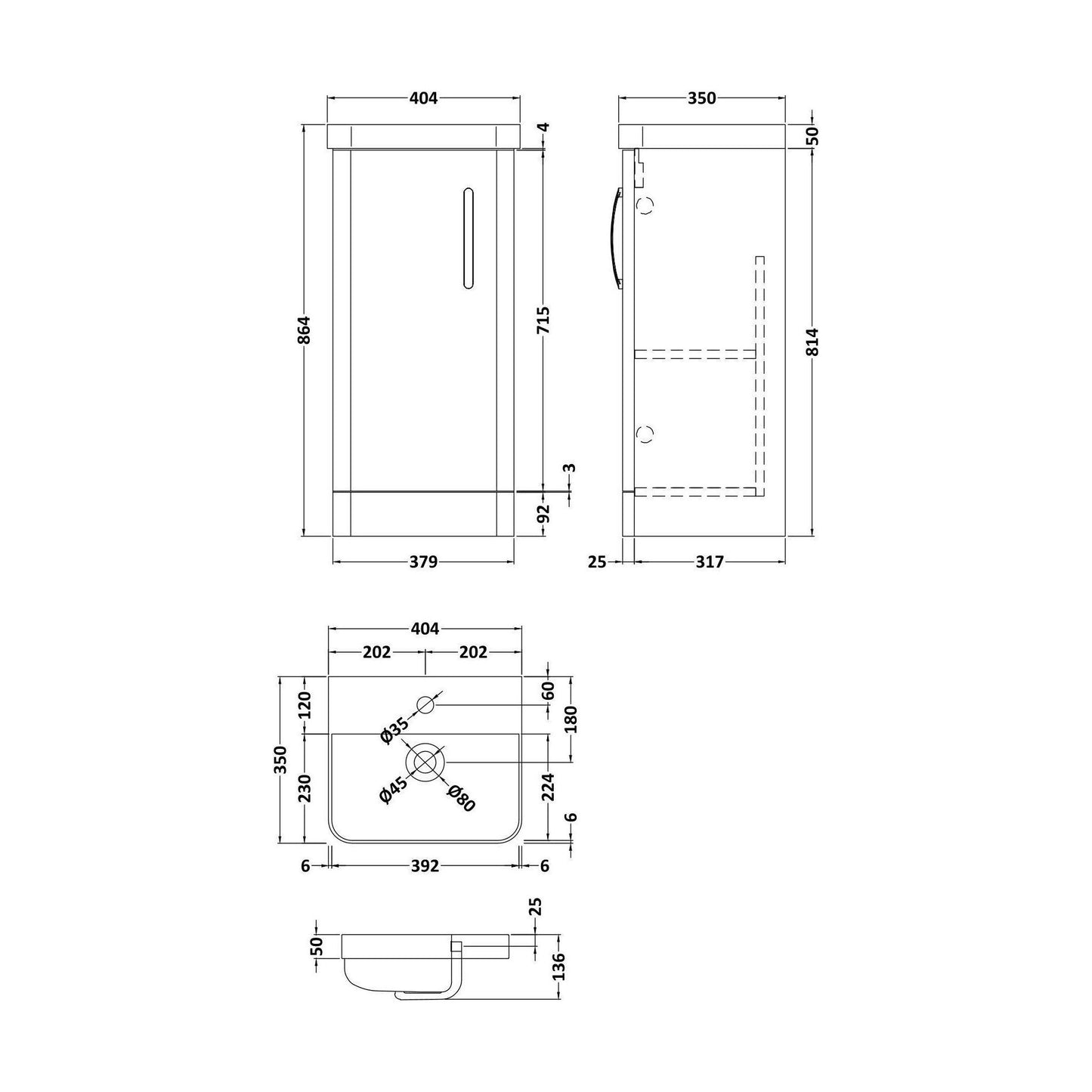 [BCDRF40GR] Handsacre Contemporary 1 Door Floor Standing Vanity Unit with Basin, Gloss Grey, 400mm - Technical Drawing