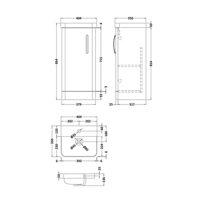 [BCDRF40GR] Handsacre Contemporary 1 Door Floor Standing Vanity Unit with Basin, Gloss Grey, 400mm - Technical Drawing