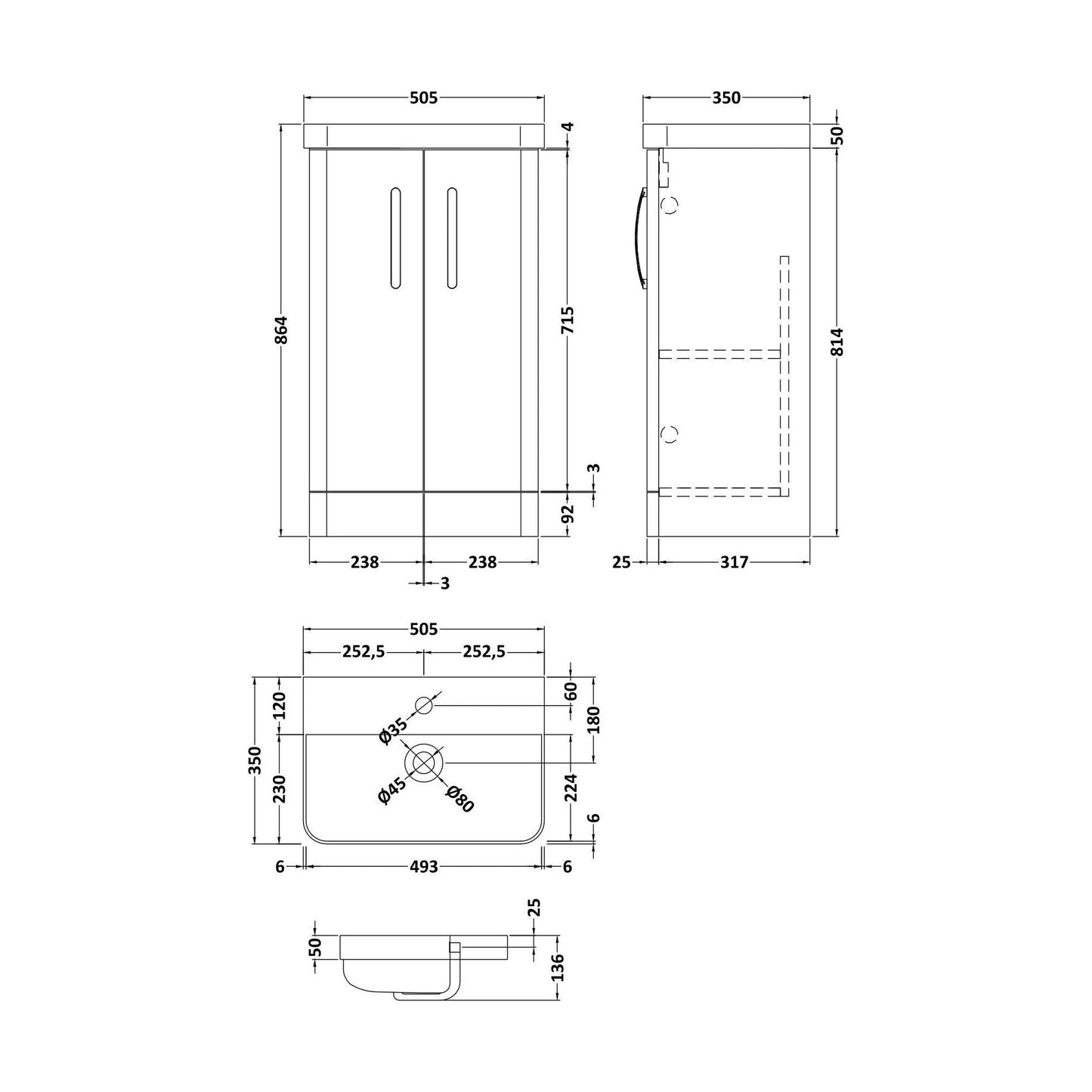 [BCDRF50AB] Handsacre Contemporary 2 Door Floor Standing Vanity Unit with Basin, Satin Blue, 500mm - Technical Drawing