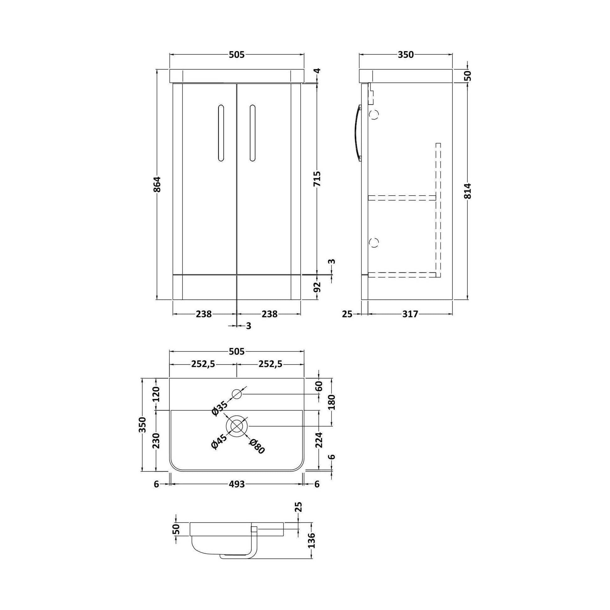 [BCDRF50AB] Handsacre Contemporary 2 Door Floor Standing Vanity Unit with Basin, Satin Blue, 500mm - Technical Drawing
