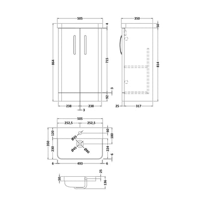 [BCDRF50AB] Handsacre Contemporary 2 Door Floor Standing Vanity Unit with Basin, Satin Blue, 500mm - Technical Drawing