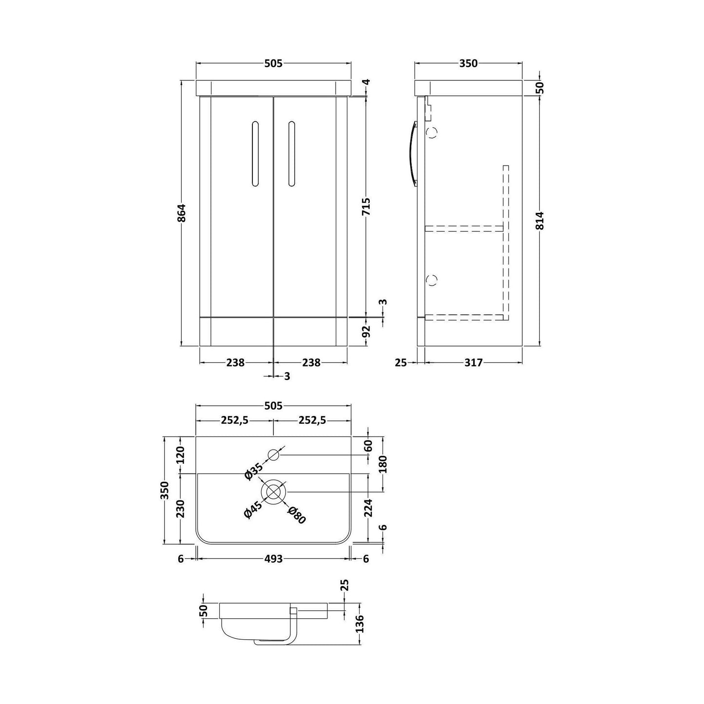 [BCDRF50GR] Handsacre Contemporary 2 Door Floor Standing Vanity Unit with Basin, Gloss Grey, 500mm - Technical Drawing