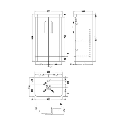 [BCDRF50WH] Handsacre Contemporary 2 Door Floor Standing Vanity Unit with Basin, Gloss White, 500mm - Technical Drawing