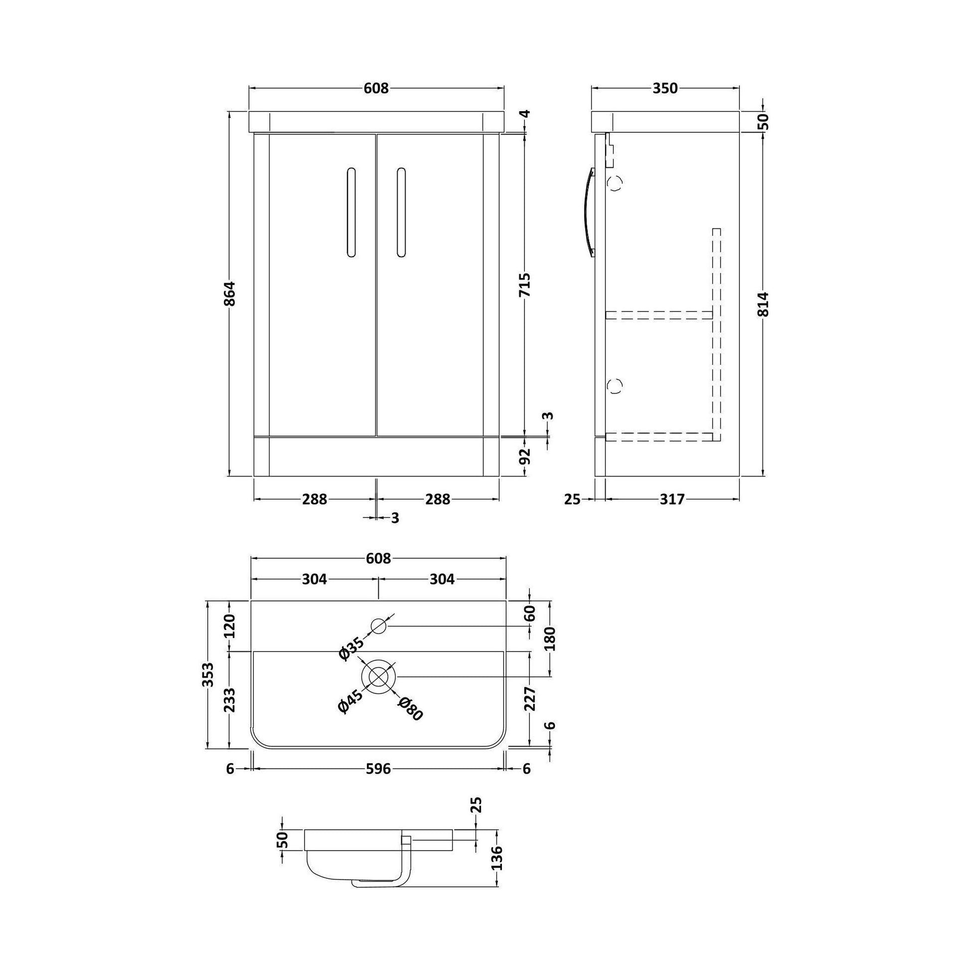 [BCDRF60GR] Handsacre Contemporary 2 Door Floor Standing Vanity Unit with Basin, Gloss Grey, 600mm - Technical Drawing