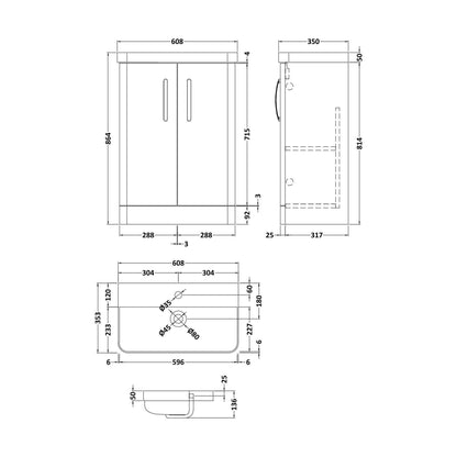 [BCDRF60WH] Handsacre Contemporary 2 Door Floor Standing Vanity Unit with Basin, Gloss White, 600mm - Technical Drawing