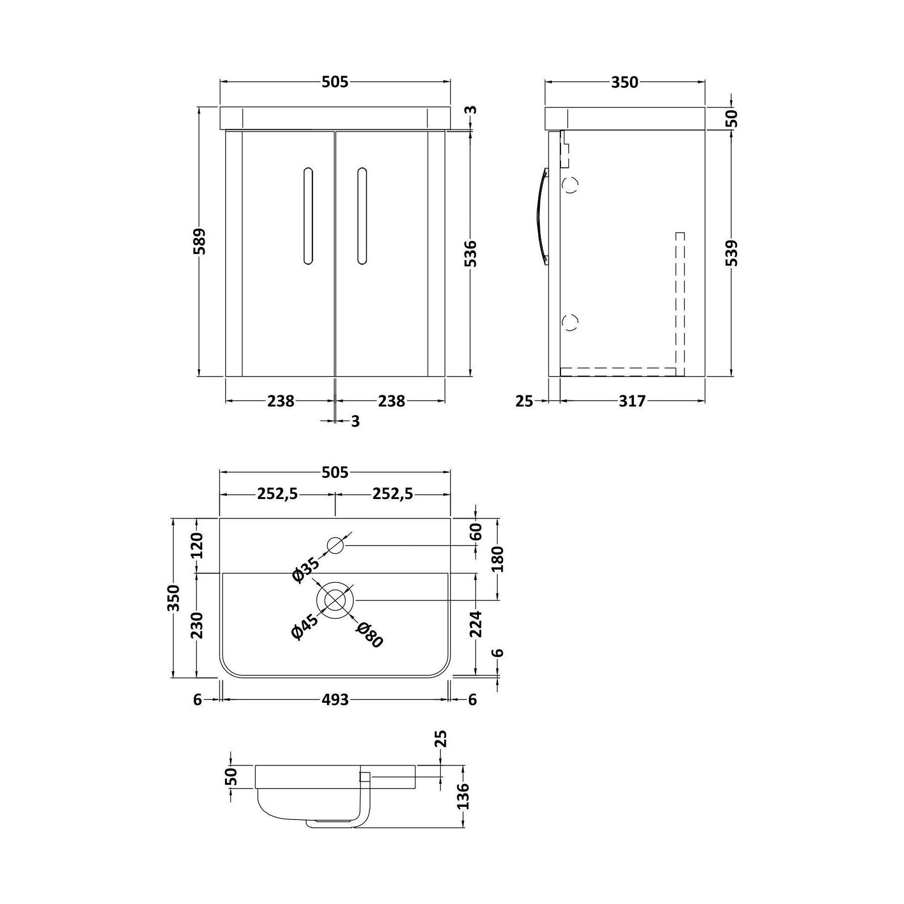 [BCDRW50GR] Handsacre Contemporary 2 Door Wall Hung Vanity Unit with Basin, Gloss Grey, 500mm - Technical Drawing