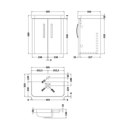 [BCDRW50WH] Handsacre Contemporary 2 Door Wall Hung Vanity Unit with Basin, Gloss White, 500mm - Technical Drawing