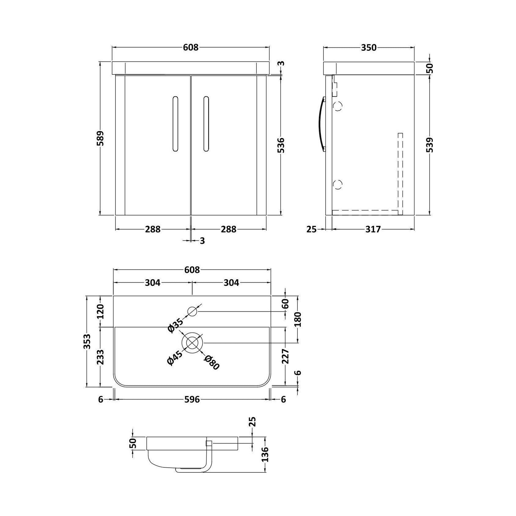 [BCDRW60AB] Handsacre Contemporary 2 Door Wall Hung Vanity Unit with Basin, Satin Blue, 600mm - Technical Drawing