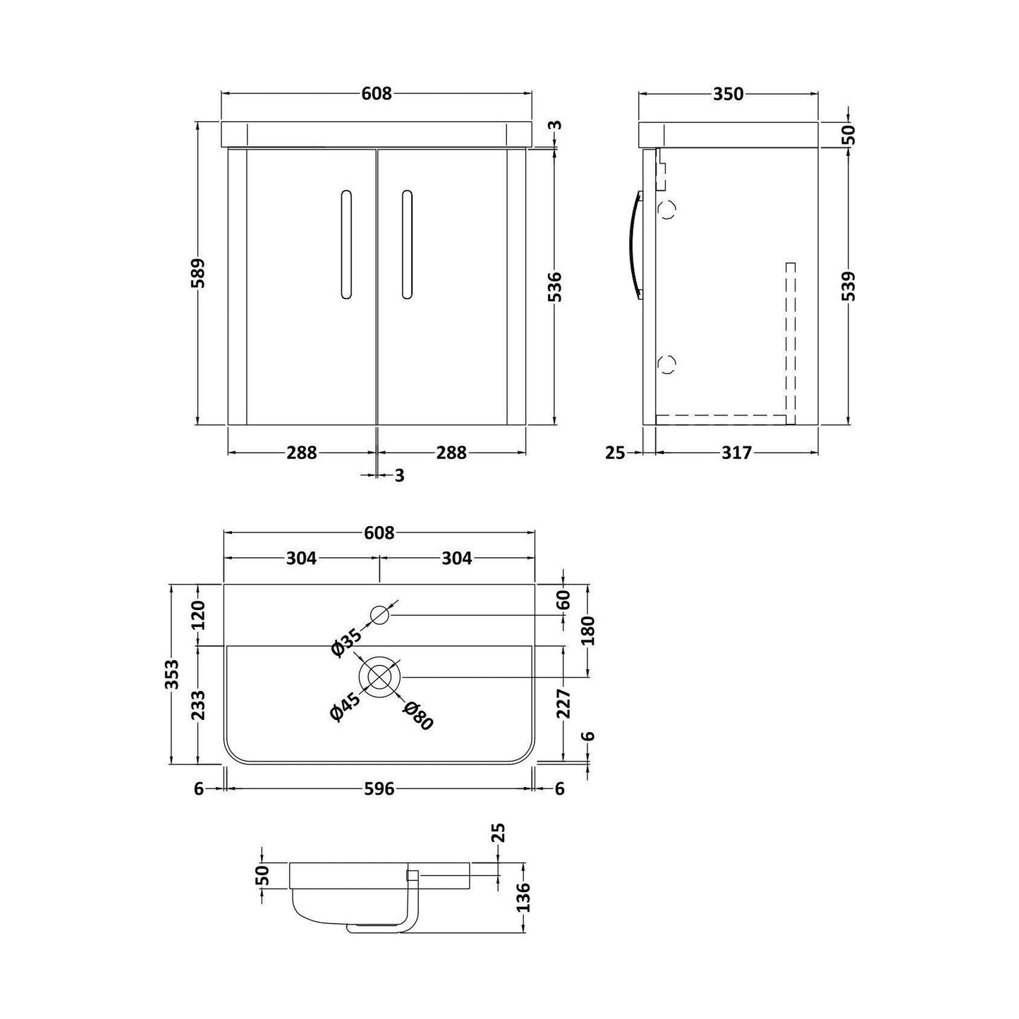 [BCDRW60GR] Handsacre Contemporary 2 Door Wall Hung Vanity Unit with Basin, Gloss Grey, 600mm - Technical Drawing