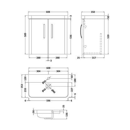 [BCDRW60GR] Handsacre Contemporary 2 Door Wall Hung Vanity Unit with Basin, Gloss Grey, 600mm - Technical Drawing