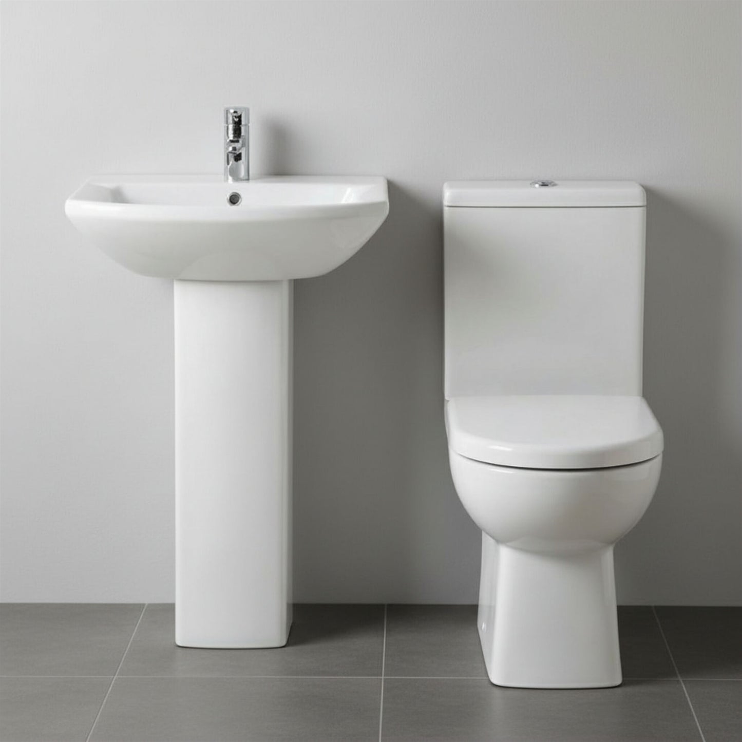 [BCDS001] Stramshall Square Ceramic Bathroom Bundle - Close Coupled Toilet, Cistern, Soft-Close Seat & Full Pedestal Basin, 600mm - Silo