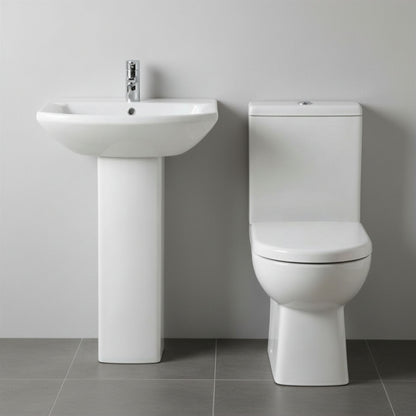 [BCDS001] Stramshall Square Ceramic Bathroom Bundle - Close Coupled Toilet, Cistern, Soft-Close Seat & Full Pedestal Basin, 600mm - Silo