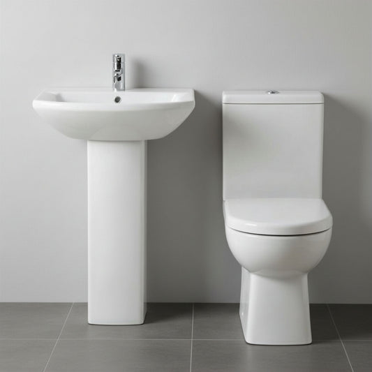 [BCDS001] Stramshall Square Ceramic Bathroom Bundle - Close Coupled Toilet, Cistern, Soft-Close Seat & Full Pedestal Basin, 600mm - Silo