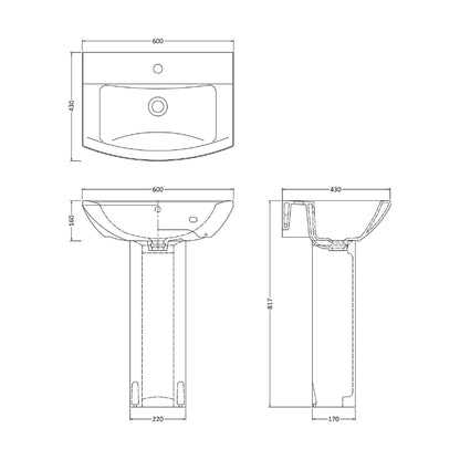 [BCDS002] Stramshall Modern White Square 1 Tap Hole Bathroom Basin & Full Pedestal - 600mm - Technical Drawing