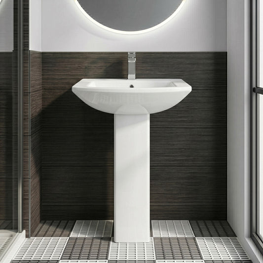 [BCDS002] Stramshall Modern White Square 1 Tap Hole Bathroom Basin & Full Pedestal - 600mm - Silo