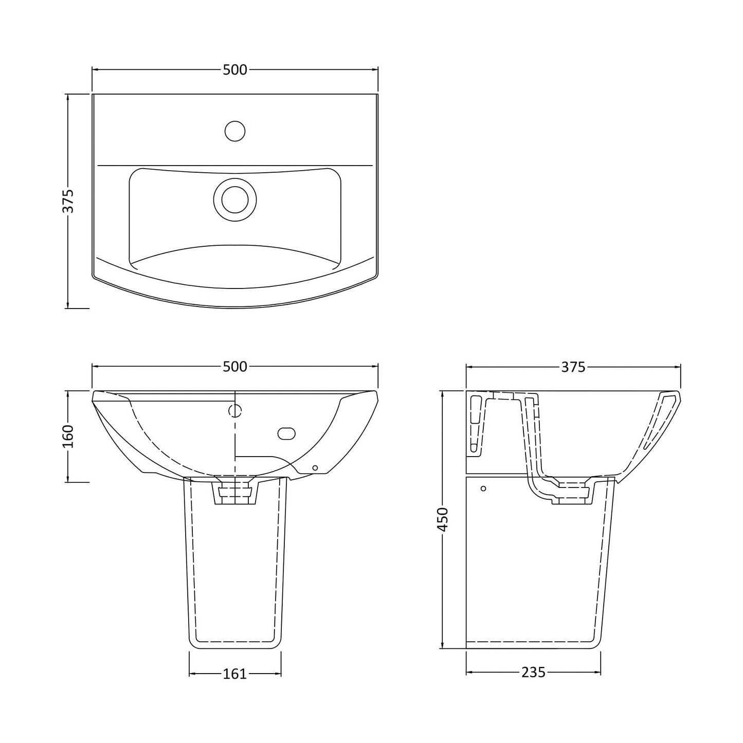 [BCDS003] Stramshall Modern White 1 Tap Hole Bathroom Basin & Semi Pedestal - 500mm - Technical Drawing