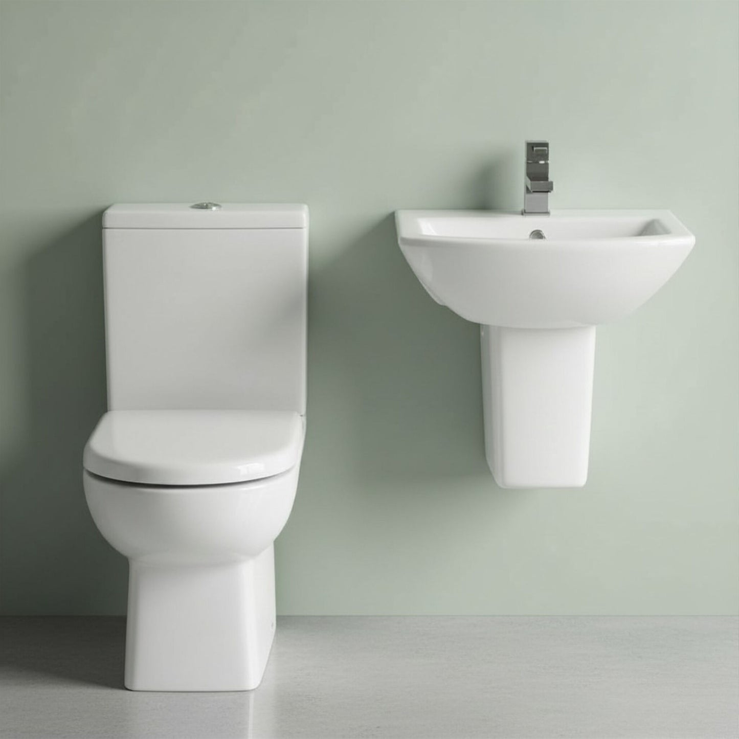 [BCDS005] Stramshall Square Ceramic Bathroom Bundle - Close Coupled Toilet, Cistern, Soft-Close Seat & Semi Pedestal Basin, 500mm - Silo