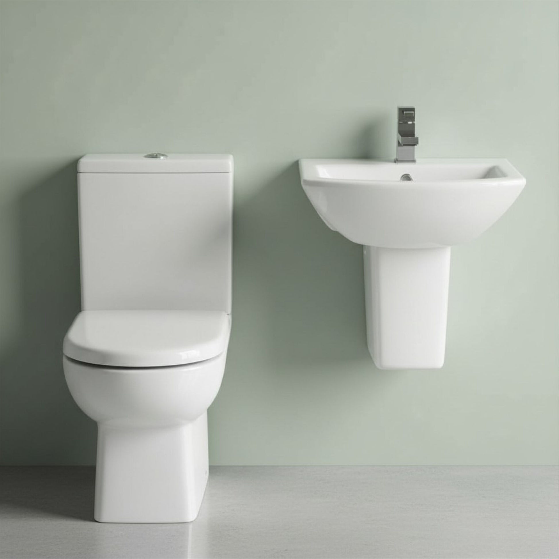[BCDS005] Stramshall Square Ceramic Bathroom Bundle - Close Coupled Toilet, Cistern, Soft-Close Seat & Semi Pedestal Basin, 500mm - Silo