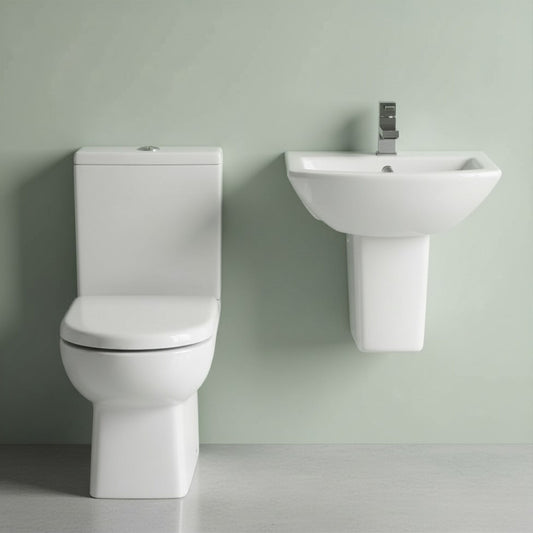 [BCDS005] Stramshall Square Ceramic Bathroom Bundle - Close Coupled Toilet, Cistern, Soft-Close Seat & Semi Pedestal Basin, 500mm - Silo