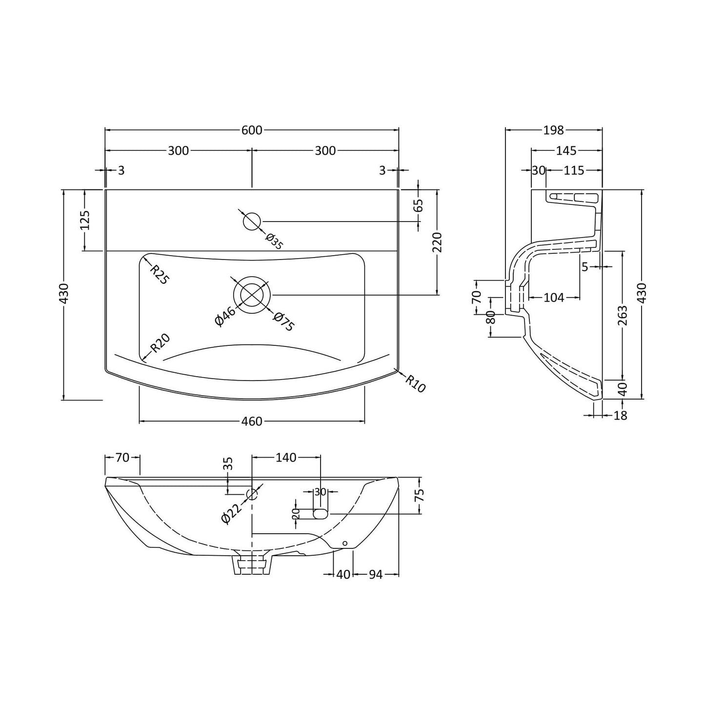 [BCDS205] 600mm Medium Basin 1Th - Technical Drawing
