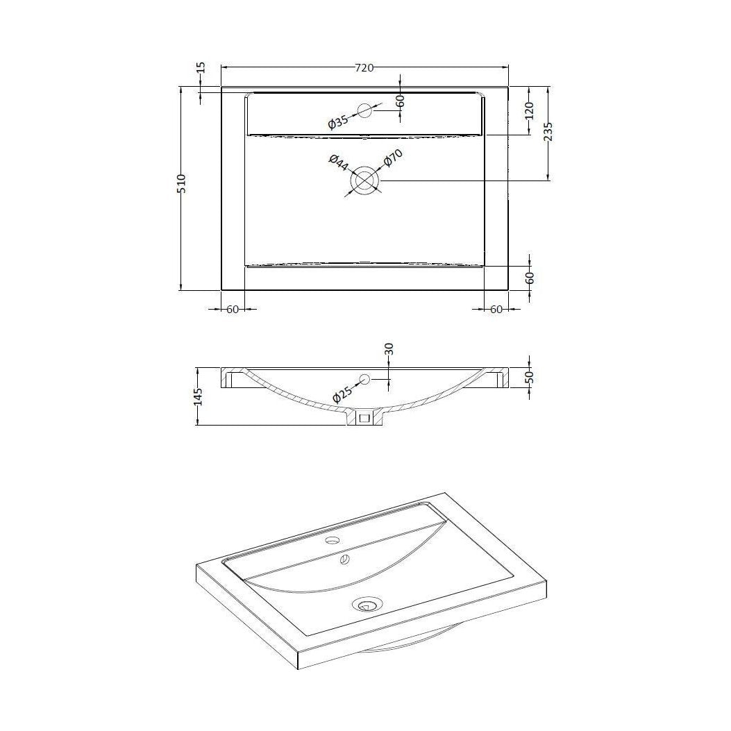 [BCDU044] 720 Single Bowl Basin - Technical Drawing