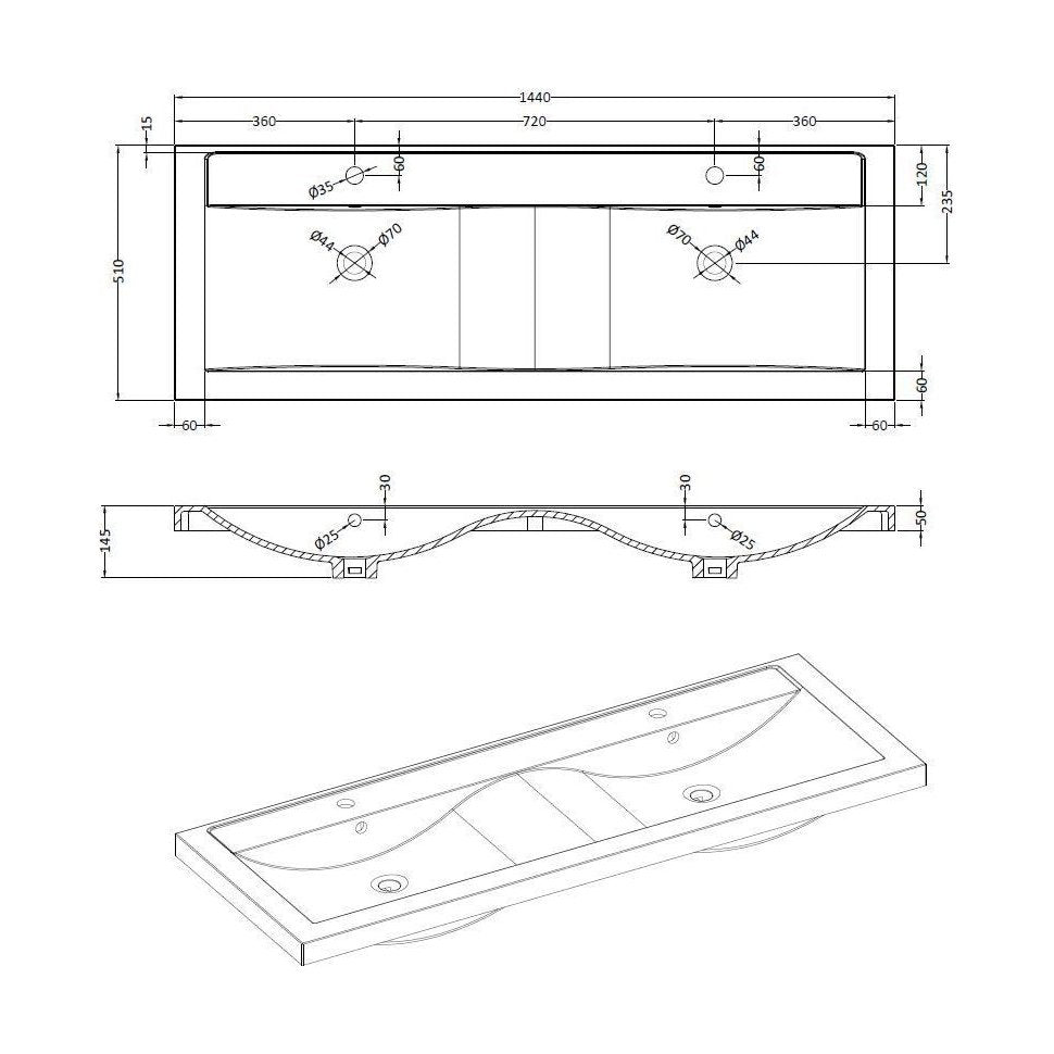 [BCDU049] 1400 Double Bowl Basin - Technical Drawing