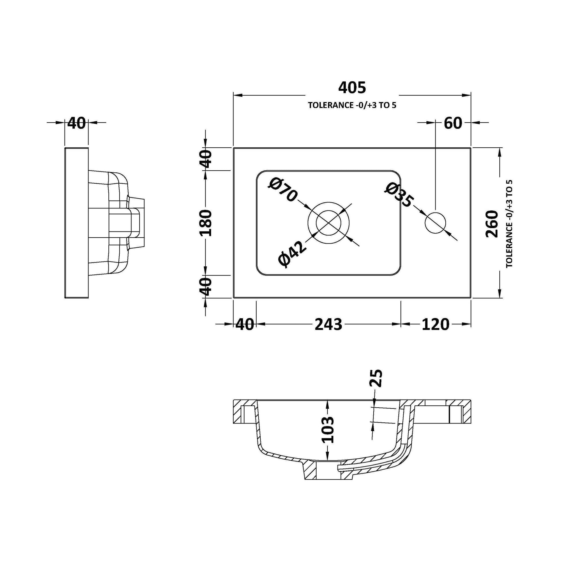 [BCDY301] 400 Side Tap Basin 1Th (402.5x255x40) - Technical Drawing