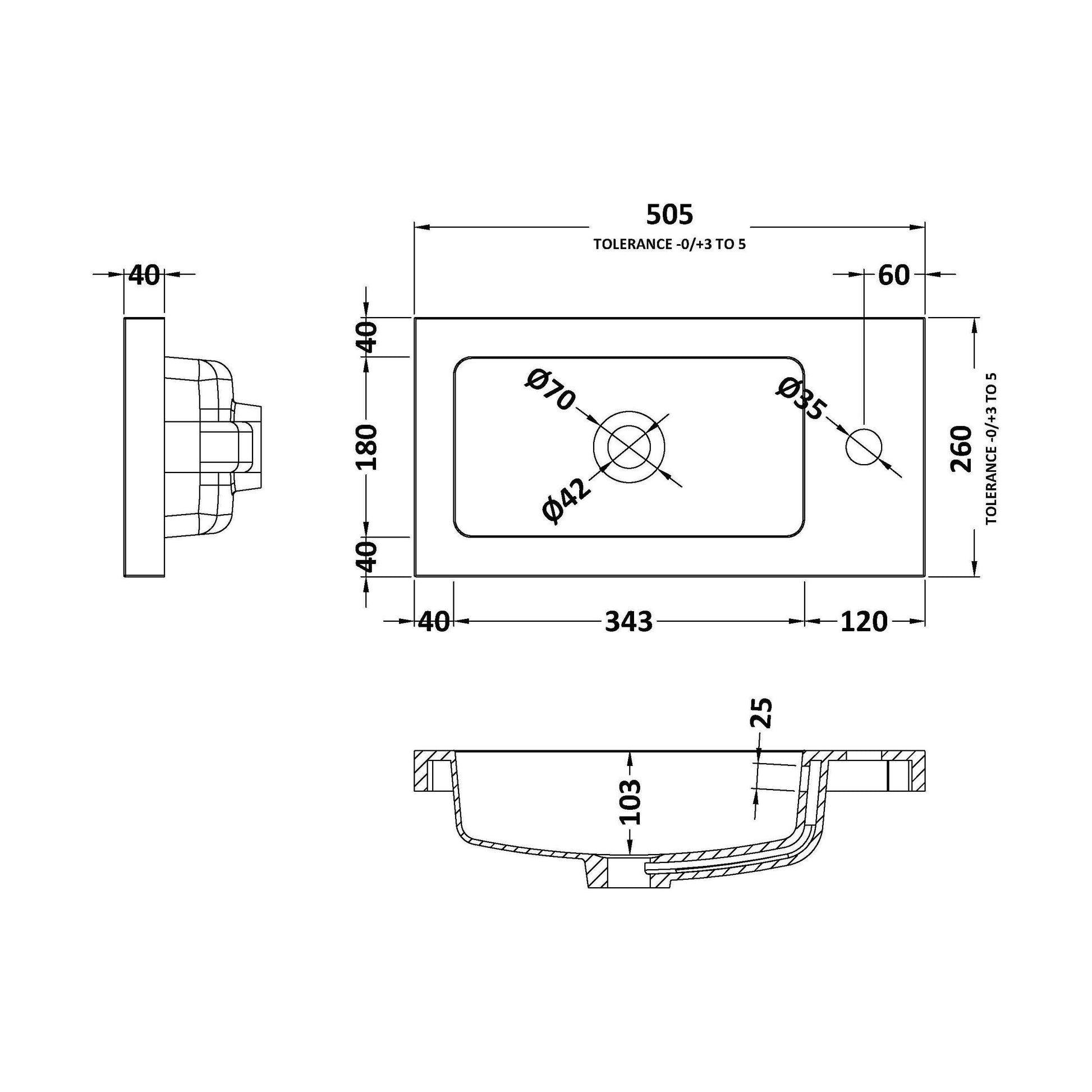 [BCDY302] 500 Side Tap Basin 1Th (502.5x255x40) - Technical Drawing