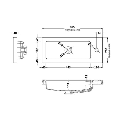 [BCDY303] 600 Side Tape Basin 1Th (602.5x255x40) - Technical Drawing