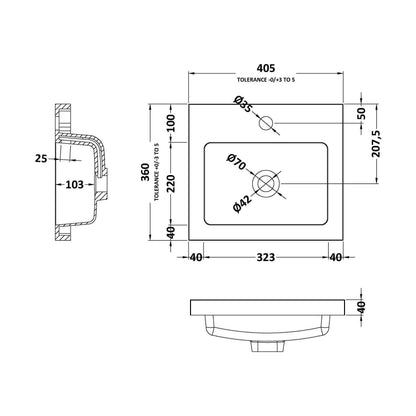 [BCDY311] 400 Rear Tap Basin 1Th - Technical Drawing