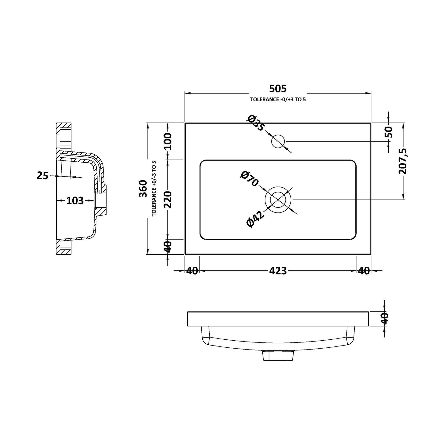 [BCDY312] 500 Rear Tap Basin 1Th - Technical Drawing