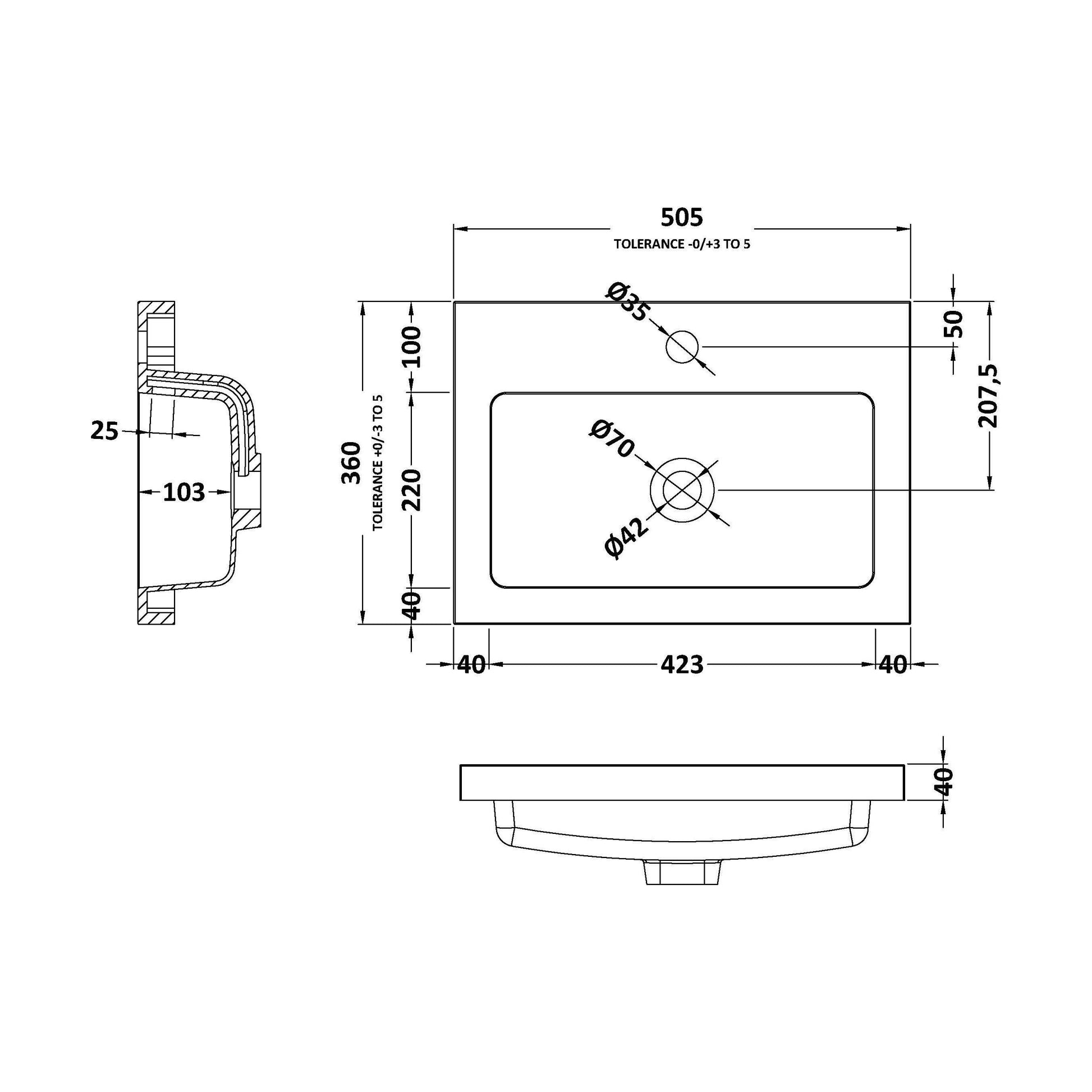 [BCDY312] 500 Rear Tap Basin 1Th - Technical Drawing
