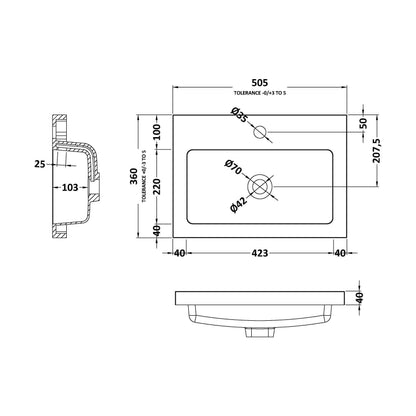 [BCDY312] 500 Rear Tap Basin 1Th - Technical Drawing