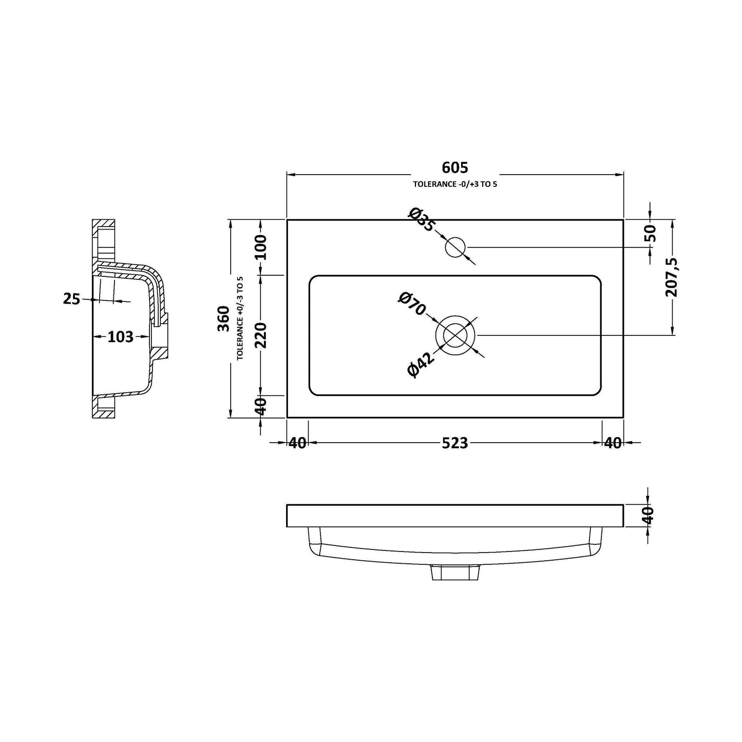 [BCDY313] 600 Rear Tap Basin 1Th - Technical Drawing