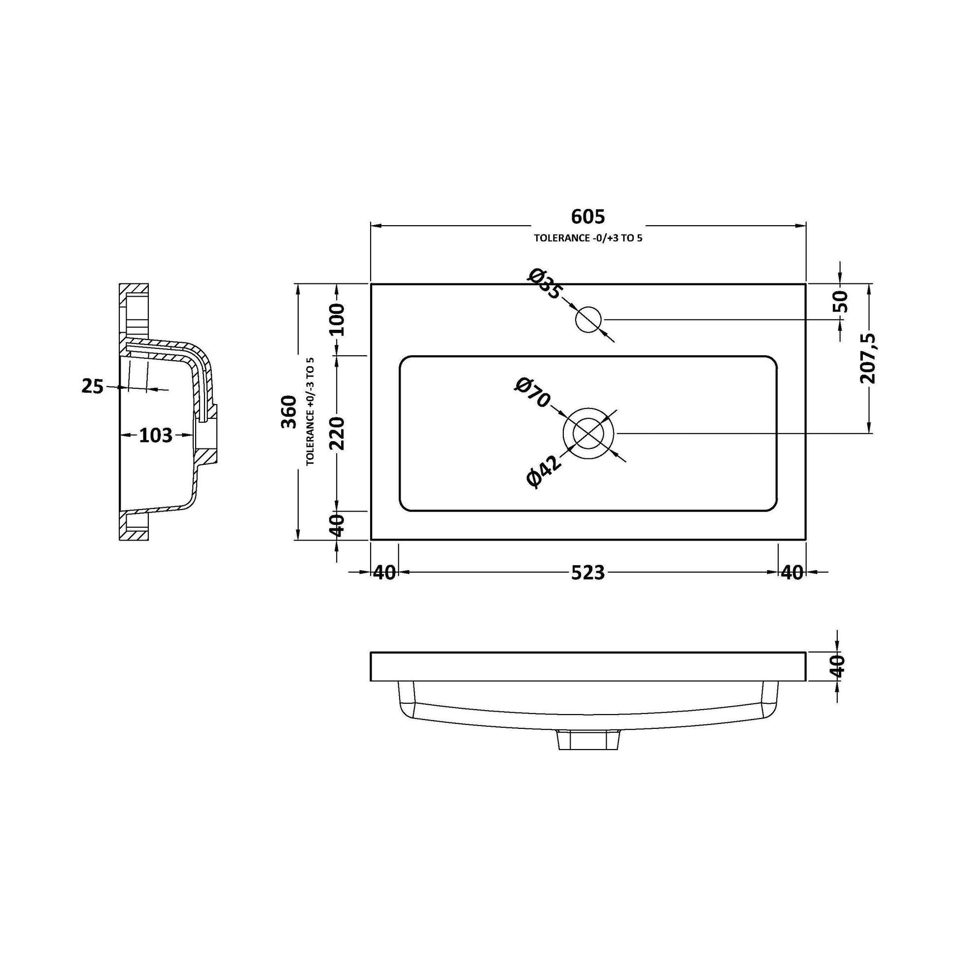 [BCDY313] 600 Rear Tap Basin 1Th - Technical Drawing