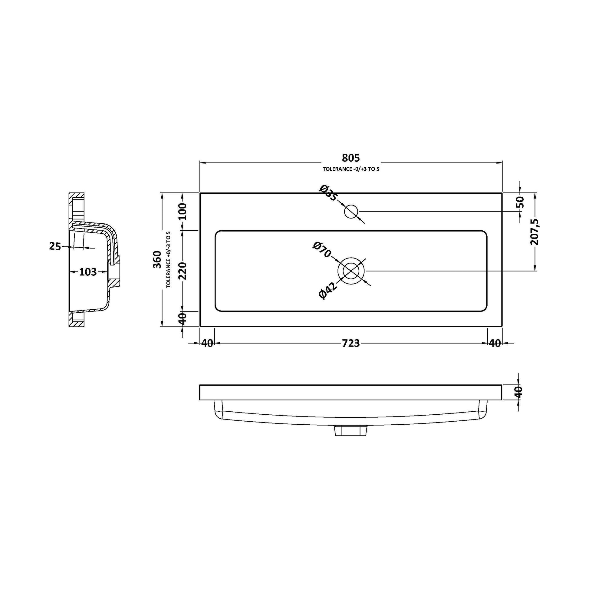[BCDY315] 800 Rear tap basin 1TH - Technical Drawing